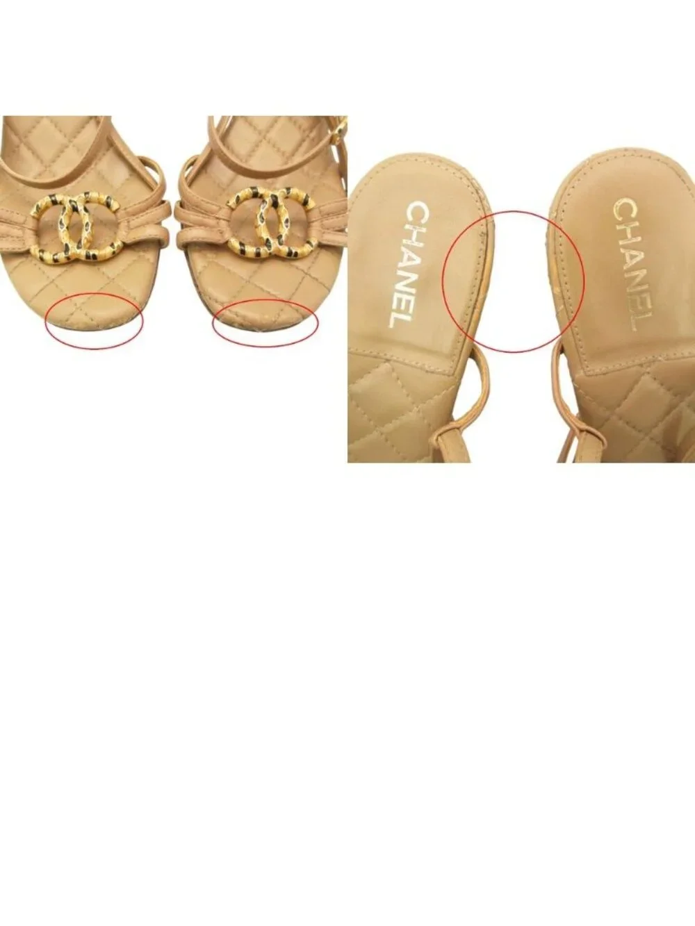 Chanel Sandals Leather Quilted Gold CC Logo Beige